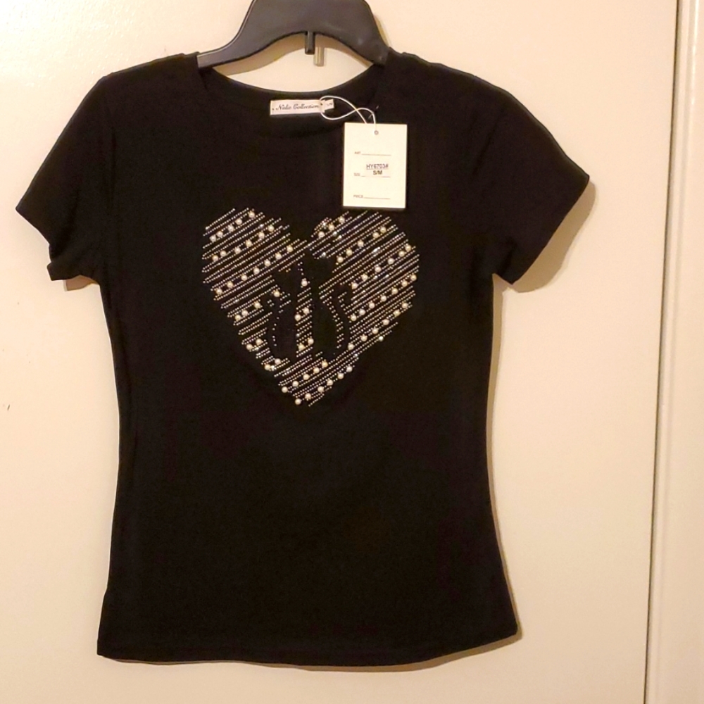 Nalie Collection black beads and rhinestone t-shir
